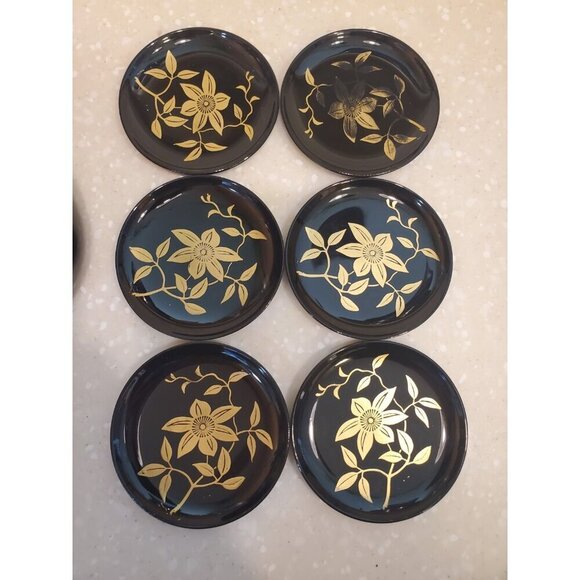 Japanese Lacquered Bamboo (6) Black Coasters Round Box Gold Floral Design - Picture 5 of 12